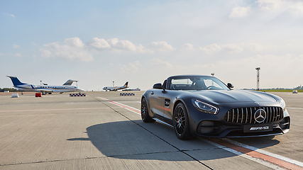 Image showing Kyiv, Ukraine - September 2, 2017: Mercedes-Benz Star Experience 2017 on the airport Boryspil at the express test of the fastest Mercedes AMG for journalists, bloggers and clients from Kyiv