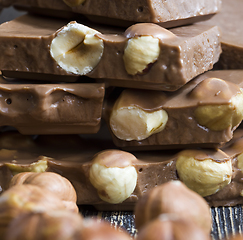 Image showing bitter real chocolate, photographed close-up with whole hazelnuts inside and next to a bar of broken chocolate