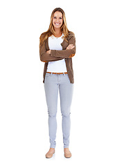Image showing Portrait, smile and woman with arms crossed, fashion and casual outfit isolated against white studio background. Face, female person or model with happiness, carefree or beauty with positive attitude