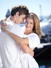 Image showing Harbor, love and portrait of couple hug with smile on summer holiday, vacation and adventure by sea. Travel, romance and man and woman excited for luxury cruise for journey, romantic trip and bonding