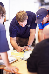 Image showing Map, lifeguard working and sea marine with investigation with drawing on a table. Sailing strategy, captain and boat worker with navigation paperwork with course planning and distance calculation