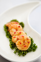 Image showing Closeup parsley and prawn with nutrition, health and protein with healthy lifestyle, delicious and meal. Zoom, seafood on a plate and luxury fine dining with food, restaurant and expensive appetizer