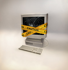 Image showing Computer, virus and broken screen with warning and malware with 404 and caution tape. Cyber, connection error and technology problem on a studio background with website security and pc fail