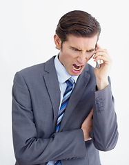 Image showing Phone call, fail and business man angry, annoyed and screaming in studio on white background. Stress, anger and male person annoyed with phishing, delay and conversation with bad connection problem