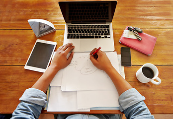 Image showing POV, freelance writer and schedule planning on a notebook with a laptop for remote work. Home, table and freelancing professional at a computer working on productivity in the morning with paperwork