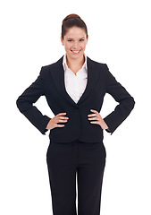 Image showing Portrait, smile and business woman in studio confident, young and empowered on white background. Happy, face and female manager person posing with positivity, proud and professional while isolated
