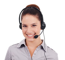 Image showing Portrait, smile and woman with telemarketing, call center and operator isolated against a white studio background. Face, female person and consultant with a headset, customer service and tech support