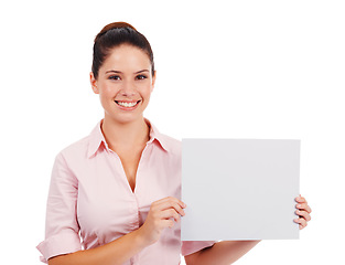 Image showing Mockup, paper and smile with portrait of woman in studio for idea, promotion and space. Corporate, signage and happy with female employee and card on white background for news and presentation