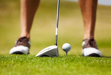 Image showing Closeup of ball, athlete and club on golf course in contest, competition challenge and target training. Golfer, grass field and aim for action, stroke and impact in summer sports, lawn games and gear