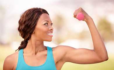 Image showing African woman, dumbbell workout and outdoor with smile, strong arm muscle and focus for wellness, Girl, training and fitness in park, garden or backyard with pride, weightlifting and flex for health