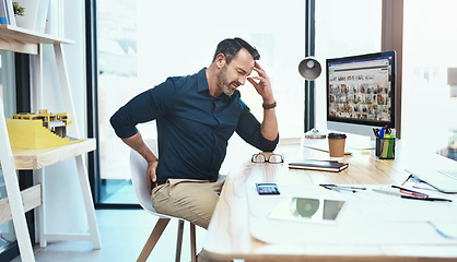 Image showing Businessman with stress, back pain and headache in the office while working on a project. Medical emergency, healthcare and mature professional employee with a migraine and sprain muscle in workplace