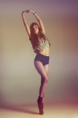 Image showing Dance, woman and portrait of a young dancer model with casual fashion and confidence. Isolated, studio background and dancing pose of a female person with youth, body freedom and natural beauty