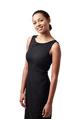 Image showing Business smile, African woman and portrait with confidence and beauty with corporate style. Isolated, white background and company fashion dress of a black female person and worker with happiness