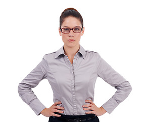 Image showing Serious, corporate and portrait of business woman in studio for professional, mindset and expert. Confident, empowerment and stern with female employee isolated on white background for motivation