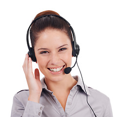 Image showing Woman, portrait and studio with smile for call center job for customer service, telemarketing or crm. Isolated girl, tech support and headphones with mic, consulting and happy by white background