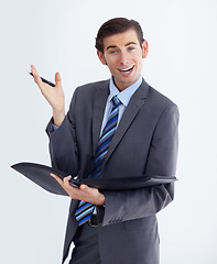 Image showing Business man, folder and studio portrait with excited face, hand gesture or white background. Isolated businessman, pen and plan for startup, schedule or project notes with happiness by backdrop