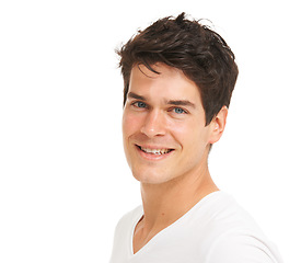 Image showing Portrait, mockup and man with beauty, sexy and cool guy isolated against a white studio background. Face, male person and model with a smile, wellness and confidence with casual outfit and happiness