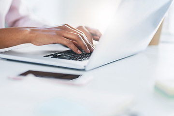 Image showing Laptop, typing and hands of business woman in office working on proposal, online document and project. Corporate, computer and closeup of worker on keyboard for writing email, internet and research