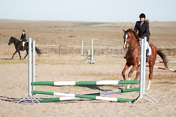 Image showing Sport, training and equestrian with woman on horse for show, competition and performance. Fitness, derby and health with female jockey on animal in countryside for obstacle, horseback and rider event