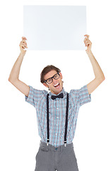 Image showing Excited, portrait and man with board for mockup in studio isolated on a white background. Poster, funny and male person, nerd or geek with copy space for advertising, marketing and promotion banner.