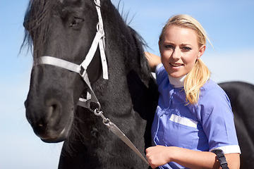 Image showing Fitness, sports and portrait of woman and horse for equestrian, competition and contest. Happy, smile and animal show with female jockey and stallion for achievement, performance and training