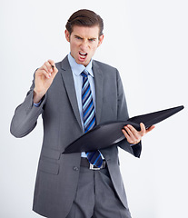 Image showing Portrait, HR and angry man with documents pointing in studio for compliance, complaint or discipline on white background. Face, boss and businessman with paperwork for accountability in the workplace