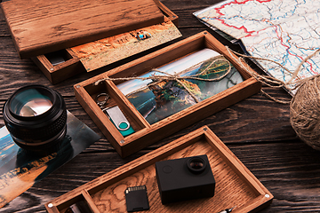 Image showing Wooden photo box with photo from travel