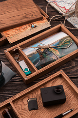 Image showing Wooden photo box with photo from travel