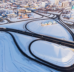 Image showing Aerial shot of bridge and car driving on the bridge