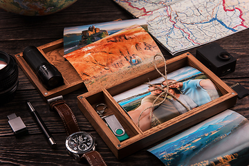 Image showing Wooden photo box with photo from travel