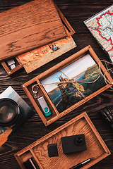 Image showing Wooden photo box with photo from travel