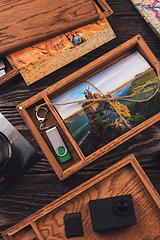 Image showing Wooden photo box with photo from travel