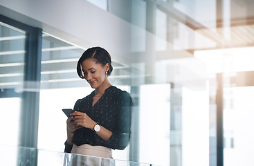 Image showing Business, smile and woman with a smartphone, typing and connection for social media, texting and communication. Female person, employee and consultant with a cellphone, contact and search internet