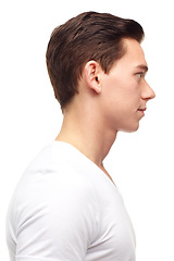 Image showing Fashion, face and profile of man on a white background with confidence, thinking and thoughtful expression. Skincare, beauty and isolated male person looking with casual, trendy clothes in studio