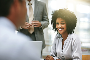 Image showing Portrait, business and smile of black woman in meeting in office with employees. Professional, corporate and happiness of African female leader coworking, confidence and planning in company workplace