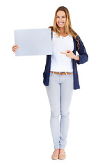 Image showing Smile, showing poster and portrait of a woman isolated on a white background in a studio. Happy, mockup and a young lady with a blank paper sign for branding, news and an announcement or promotion