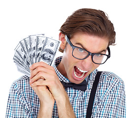 Image showing Portrait, money and excited man with dollars in studio isolated on a white background. Winner, cash and funny male person, nerd or geek screaming after lottery, financial freedom or bonus prize.