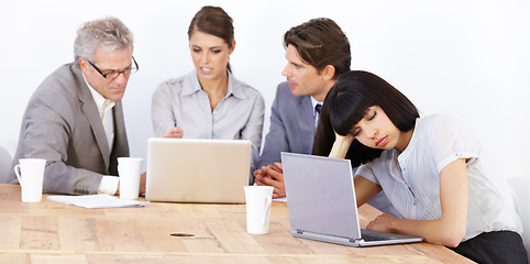 Image showing Sleeping, bored and laptop woman in meeting with frustrated, tired and burnout. Exhausted, mental health and depression with female employee in office collaboration with stress, anxiety and dreaming