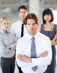 Image showing Portrait, confident people with serious face and arms crossed in business office. Teamwork or collaboration, coworkers or colleagues in corporate environment and professional leadership or management