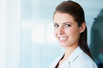 Image showing Face, business woman and happy in office with pride for career or job. Professional, entrepreneur or portrait of female executive or person from Australia with confidence, proud or mockup space