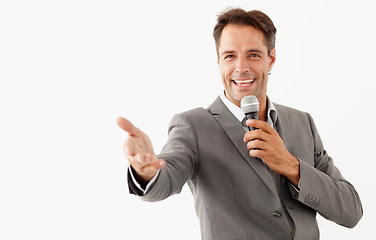 Image showing Portrait, microphone and a man motivational speaker in studio isolated on a white background for a presentation. Leadership, management and motivation with a business man talking during a seminar