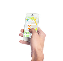 Image showing Closeup, hand and smartphone with gps, travel and digital information isolated against white studio background. Person, traveler or holding a cellphone, mobile app and website for direction and a map