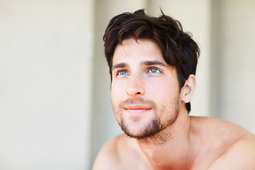 Image showing Ideas, beauty and man with skincare, thinking or dermatology with thoughts, wonder or grooming. Male person, decision or guy with opportunity, cosmetics or mockup with self care, treatment or routine