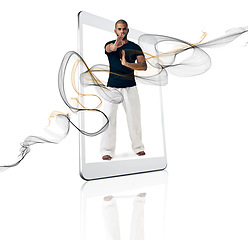 Image showing Portrait, mobile app and man with move, karate and fitness isolated against a white studio background. Face, male person and athlete with smartphone, screen and movements for health and wellness