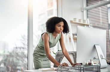 Image showing Busy, typing and woman on computer for office online management, planning or productivity in hr career. Human Resources worker or african person working on desktop pc and keyboard for business or job