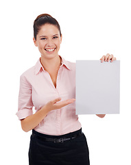 Image showing Mockup, paper and portrait of business woman in studio for idea, promotion and show. Corporate, signage and happy with female employee pointing to poster on white background for news and presentation