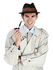 Image showing Vintage spy, studio portrait and pipe for smoking, smile and investigation by white background. Isolated agent, private investigator and happiness with smoke, surveillance and inspection by backdrop