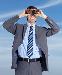 Image showing Binoculars, opportunity and search for business man with blue sky, smile and investigation. Executive, job and searching for outdoor businessman with investigate gear and future vision ready for work