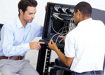 Image showing Cables, programming and men with server. talking and cyber security in the workplace. Male employees, coworkers and staff with coding, electrician and technician with communication and tech support