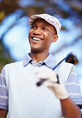 Image showing Sports, smile and happy with black man on golf course for training, competition and game. Happiness, fitness and relax with male golfer and club in outdoors for golfing, summer and workout practice